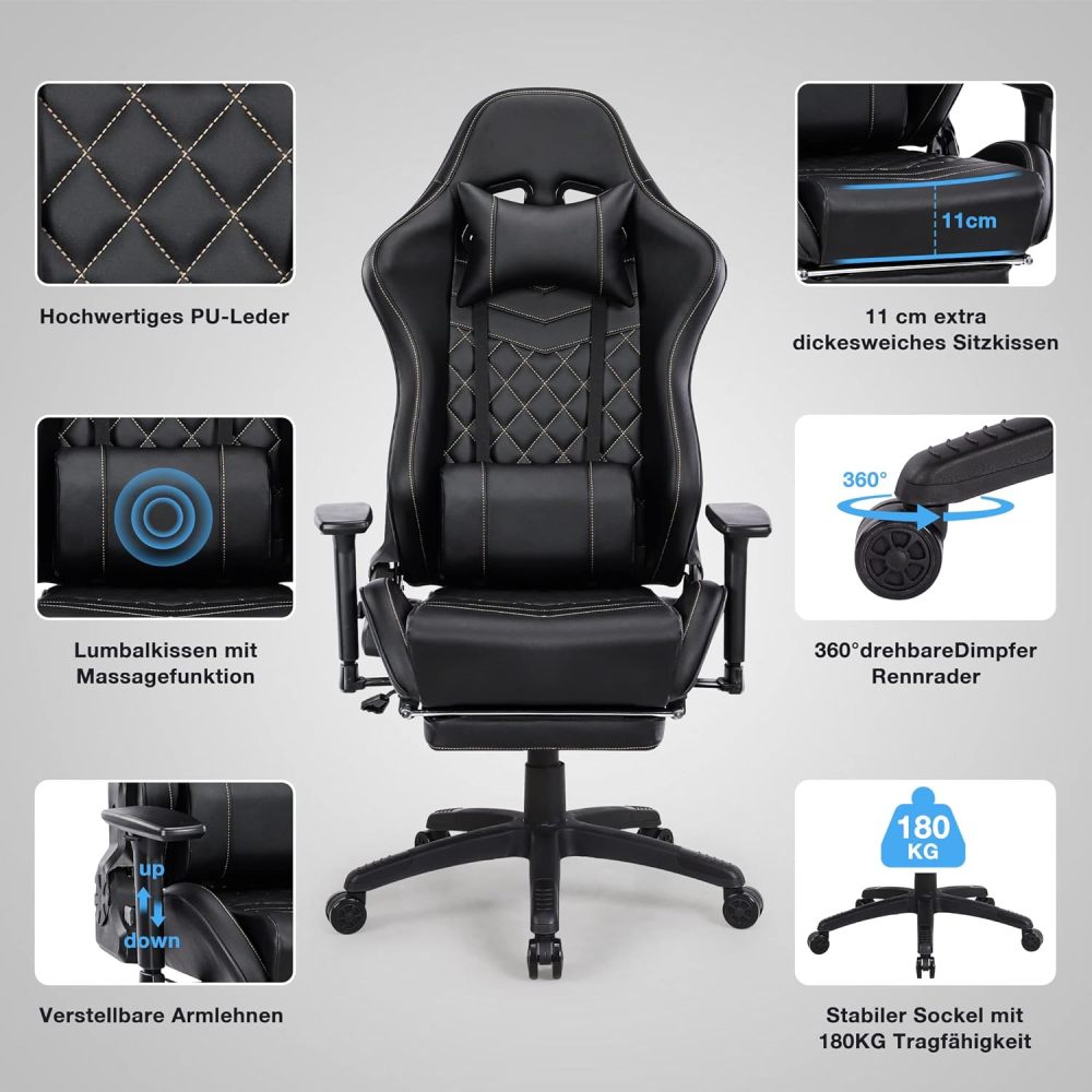 Adjustable Gaming Chair with Footrest & Massage Function - Zenseno